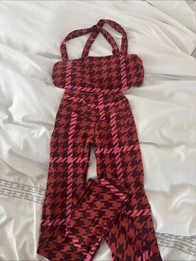 aerie Red & Pink Houndstooth Strap Jumpsuit